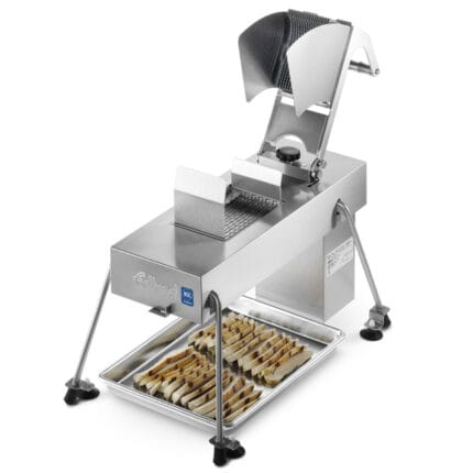 Edlund 356XL Electric Slicer w/ 3/16″ Blades Stock No. 35799 Power: 220V Other Information: The new 350XL Series of slicers are designed to handle larger items and more of them. – Perfect for slicing cooked chicken breasts for fajitas, caesar salads, or larger beefsteak tomatoes. – The new pusher design allows operators to adjust the start cycle for product thickness, while maintaining complete safety. – Comes with two blade assemblies and two wash guards which eliminates downtime.