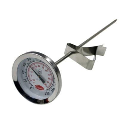 Stainless steel cooking thermometer with probe for precise temperature measurement in food and kitchen applications.