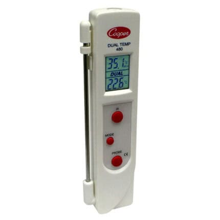 Dual temperature infrared thermometer for accurate surface and air temperature measurement, ideal for hygiene and sanitation inspections at Beyond Hygiene Asia.