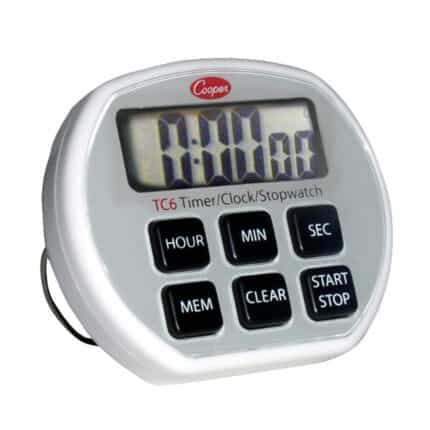 Digital timer clock with large display and control buttons, used for precise time management in hygiene and sanitation settings.