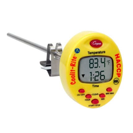 Thermometer for food temperature monitoring, used in commercial kitchens and food safety inspections.