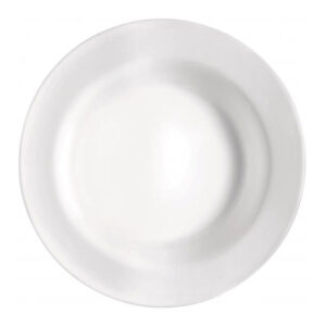 Clean white ceramic plate with elegant design, ideal for dining and catering purposes. Perfect for restaurant table settings or home use, emphasizing hygiene and quality.