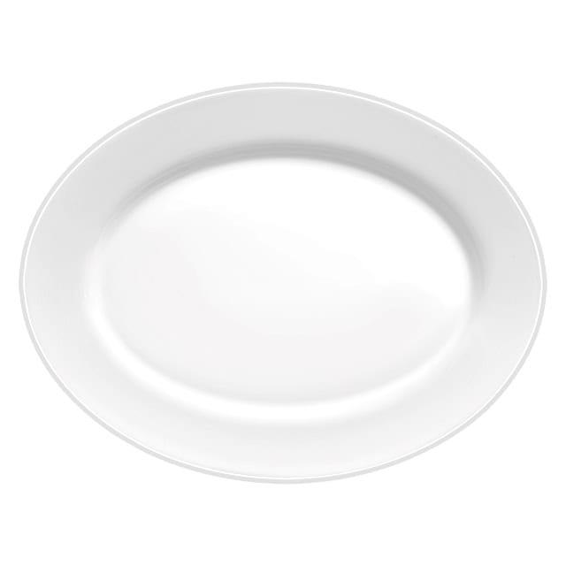 A clean white oval ceramic plate, ideal for hygiene and catering purposes.