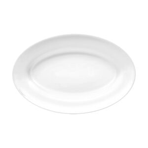 Reusable white oval plate used for food presentation and catering services in commercial and hospitality settings. Perfect for restaurants, buffets, and event catering in Asia.