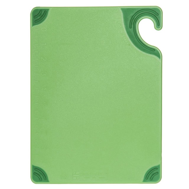 1007887_1.jpg Green cutting board with measurement markings and slip-resistant corners for safe and hygienic food preparation.