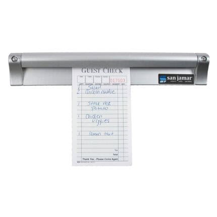 Fresh guest check with written food order including salad, chicken noodle soup, steak meat, chicken vegetables, and lemon tart, in a hygienic setting.