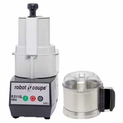 Robot coupe food processor with processing bowl and lid for commercial kitchen food prep and blending services.