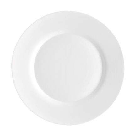 Disposable white plates for hygiene and catering services.