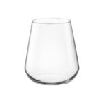 Clear glass tumbler for beverages, stylish minimalist drinkware for home or bar use, durable and elegant, ideal for serving tea, water, or cocktails.