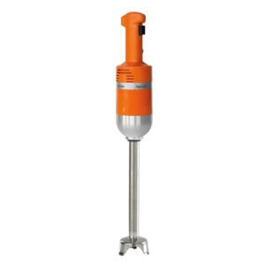 Stainless steel immersion blender with orange ergonomic handle for commercial food processing and professional kitchens.