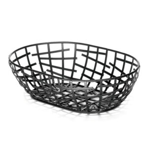 Black plastic bread basket with open grid design, ideal for serving bakery items or bread in cafes and restaurants. Durable and stylish for commercial or home use.