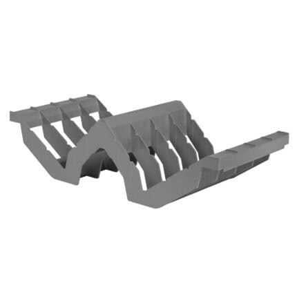 Grey plastic food scraper or station tray for hygienic food handling in commercial kitchens.