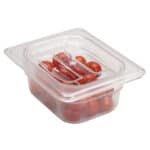 Cherry tomatoes in a clear food storage container with a hinged lid for freshness and hygiene.