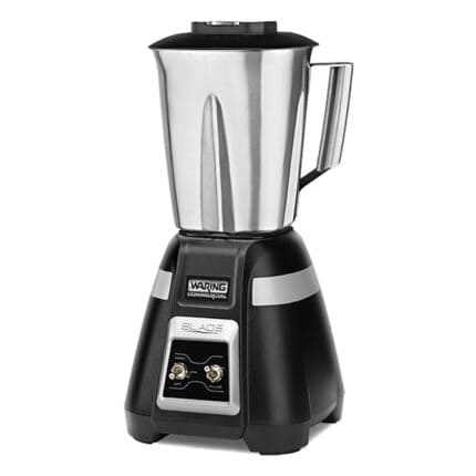 Commercial blender for food preparation and catering, stainless steel jar with variable speed control, ideal for professional kitchens.