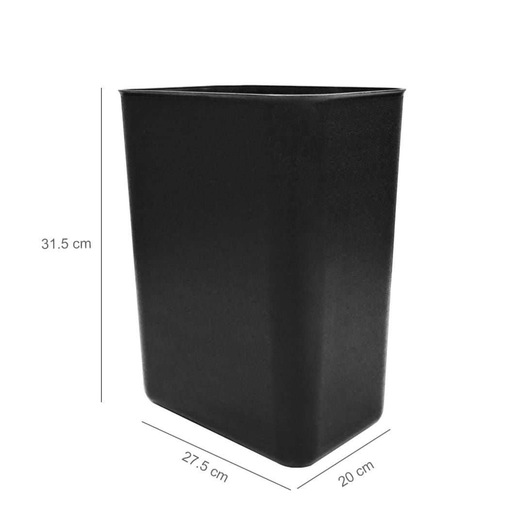14L-Fire-Resistant-Trash-Bin-Dimension.jpg Black waste bin with dimensions 31.5 cm height, 27.5 cm width, and 20 cm depth, ideal for hygiene and sanitation use.