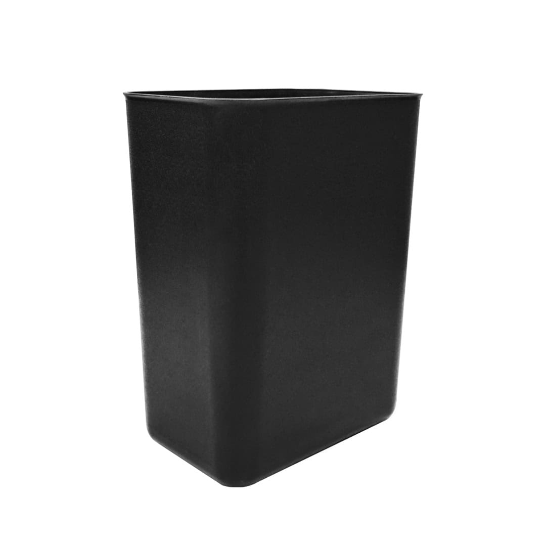 14L-Fire-Retardant-Trash-Bin-Angled-2.jpg Black trash bin, modern waste disposal container, sleek design for hygiene and cleanliness, suitable for commercial or residential use.