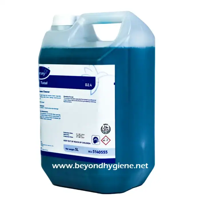 D2.4 total disinfectant cleaner in a 5L jerrycan, ideal for commercial and industrial hygiene applications, supplied by Beyond Hygiene Asia.
