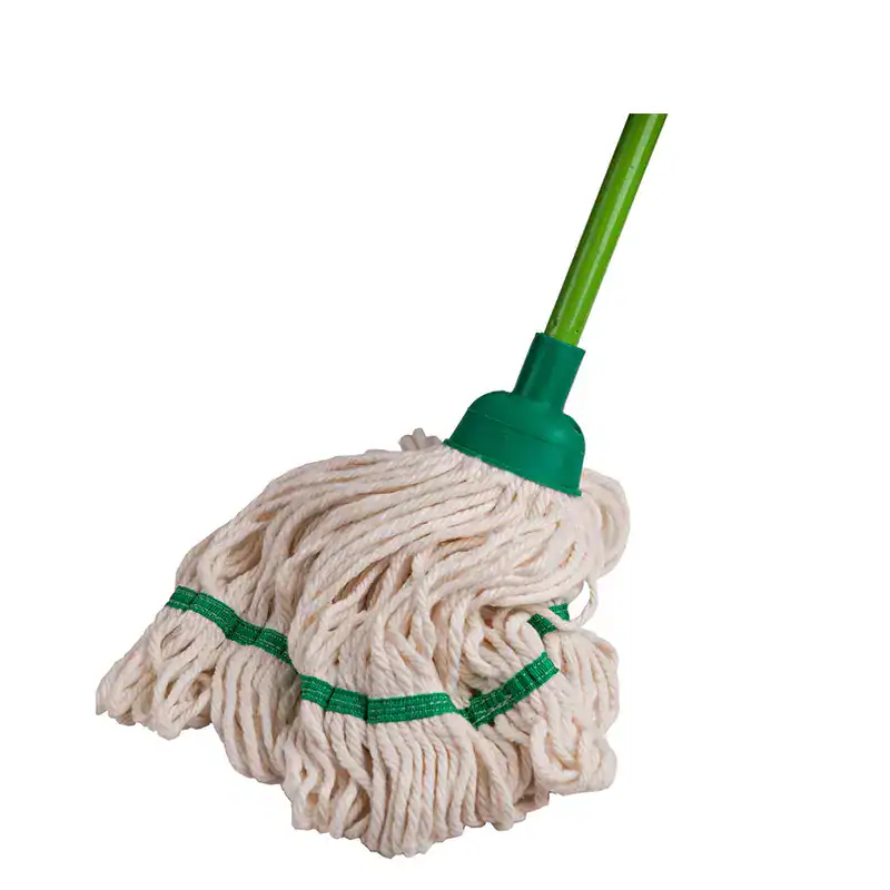 2 Cleaning mop head with green handle for commercial cleaning services.