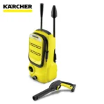 Karcher pressure washer with yellow and black design, including spray gun and nozzle, ideal for deep cleaning outdoor surfaces, vehicles, and patios.
