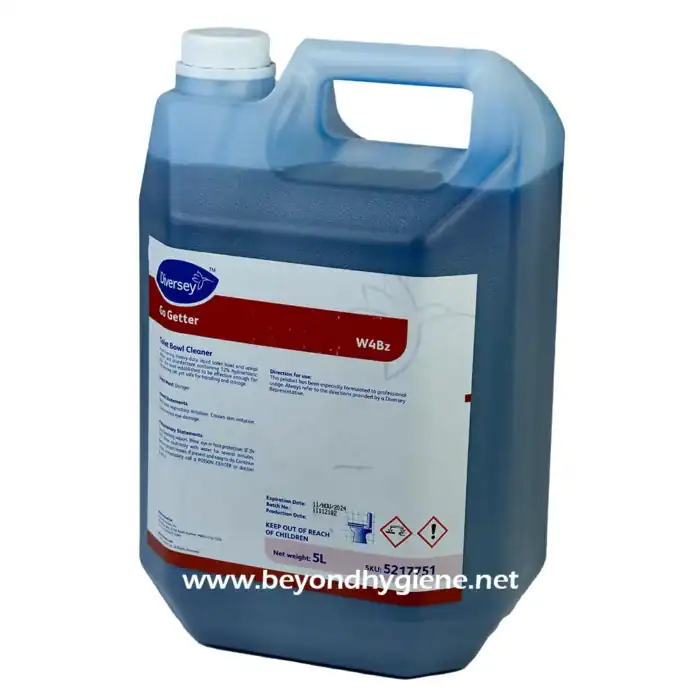 Diversey Go Getter toilet bowl cleaner in a 5L container, ideal for professional sanitation, effective against tough stains, and safe for restroom cleaning.