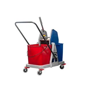 Red and blue commercial janitorial cart with mop bucket, cleaning supplies, and wheels for professional cleaning services.