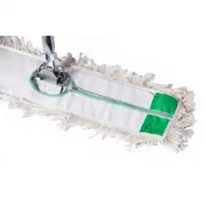 Cleaning mop with a microfiber head and green safety trim, designed for efficient cleaning and hygiene maintenance in commercial and residential spaces.
