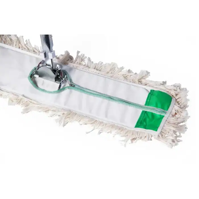 Cleaning mop with a microfiber head and green safety trim, designed for efficient cleaning and hygiene maintenance in commercial and residential spaces.
