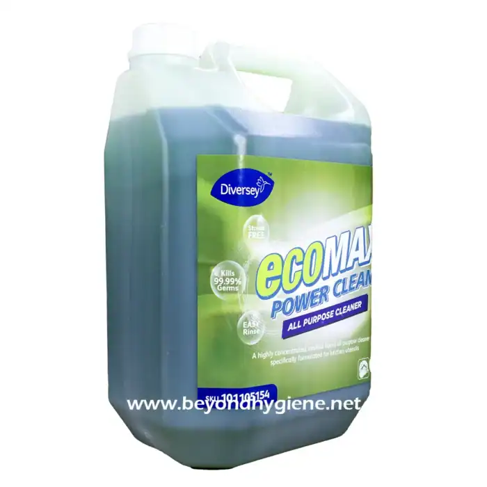 Eco Max Power Clean all-purpose disinfectant cleaner for industrial and commercial use, kills 99.99% germs, safe for kitchen utensils, eco-friendly, from Beyond Hygiene Asia.