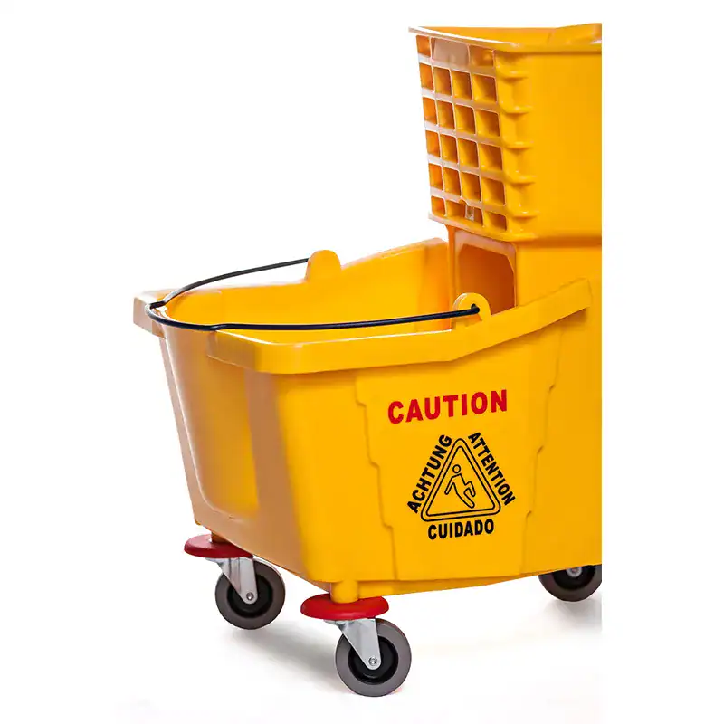 PLASTIC MOPPING SET Wet floor caution mop bucket with warning sign for cleaning safety in commercial janitorial services.