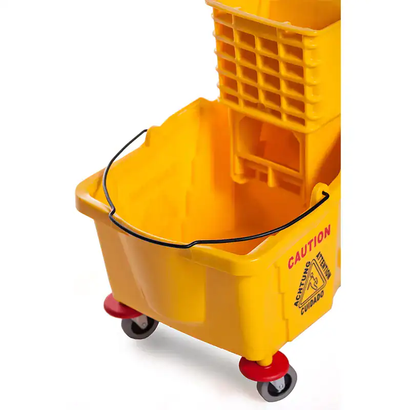 200601+UNIVERSAL+-+Mop+Cart+A-3 Yellow mop bucket with caution label and wringer, ideal for cleaning and janitorial services, featuring durable wheels for mobility.