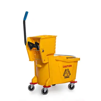 Yellow commercial floor cleaning mop bucket with wringer and wheels, ideal for professional cleaning services. Suitable for hygiene maintenance in various environments.