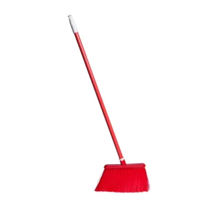 Red push broom with long handle for sweeping clean floors, ideal for commercial and home cleaning. Durable outdoor and indoor broom for effective debris removal.