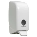 Dispenser for hand sanitizer or soap, Kimberly-Clark white automatic touchless hygiene product for commercial use.