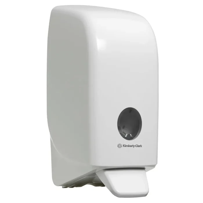 Dispenser for hand sanitizer or soap, Kimberly-Clark white automatic touchless hygiene product for commercial use.