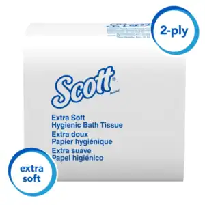 Scott Extra Soft Hygienic Bath Tissue, 2-ply toilet paper, soft and gentle for sensitive skin, ideal for commercial and healthcare settings.