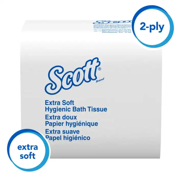 Scott Extra Soft Hygienic Bath Tissue, 2-ply toilet paper, soft and gentle for sensitive skin, ideal for commercial and healthcare settings.