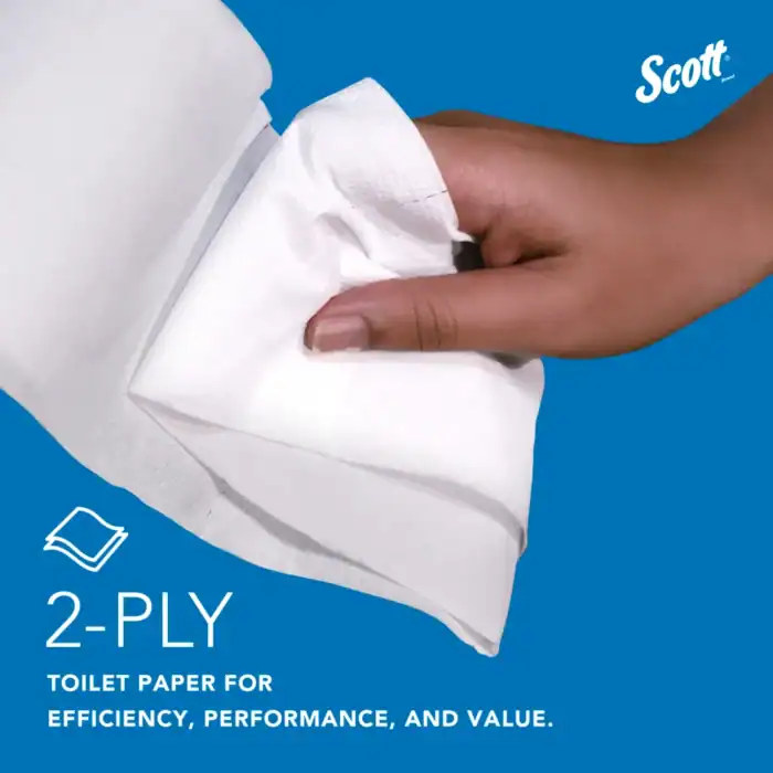 Soft white 2-ply toilet paper for hygiene, comfort, and efficiency, ideal for commercial and residential bathrooms.