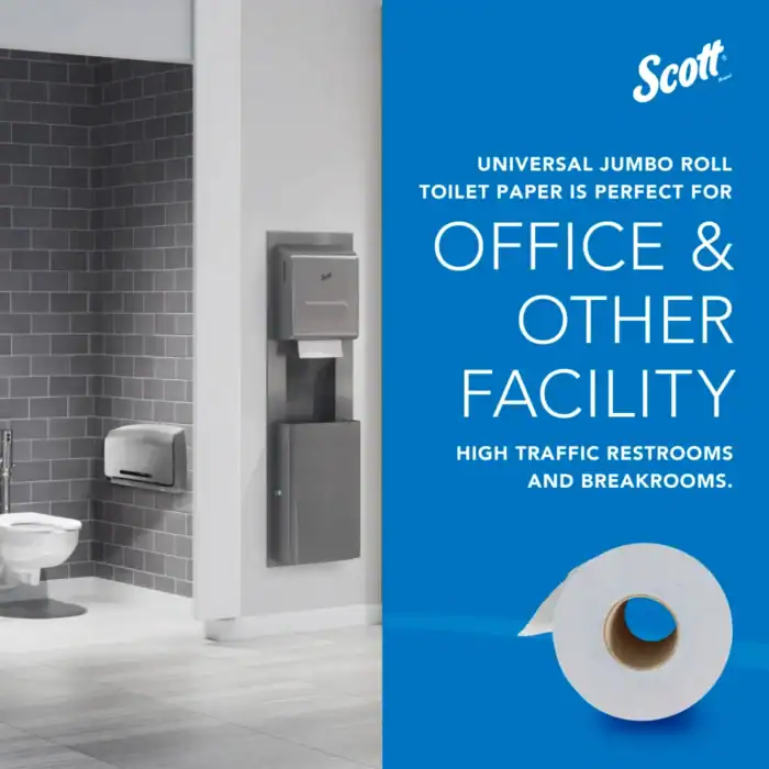 Toilet paper dispenser in high traffic restroom, clean and modern hygiene station for office and facility washrooms.