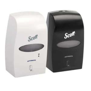 Dispenser for hand sanitizer or soap, wall-mounted touchless automatic hand hygiene dispenser, black and white, hygienic sanitation essentials for commercial and public spaces.