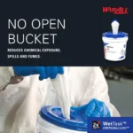 Dispensing wet cleaning wipe bucket for hygiene and sanitation, no open lid design, reduces chemical exposure, spills, and fumes, suitable for Asian cleaning services and commercial use.