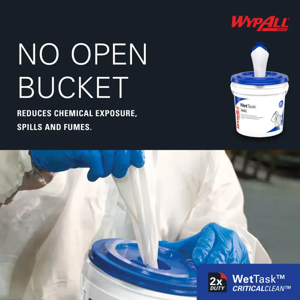 202714299_m Dispensing wet cleaning wipe bucket for hygiene and sanitation, no open lid design, reduces chemical exposure, spills, and fumes, suitable for Asian cleaning services and commercial use.