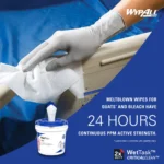 Wypall meltblown wipes for disinfecting quats and bleach, providing 24-hour continuous antimicrobial protection, ideal for healthcare and industrial cleaning.