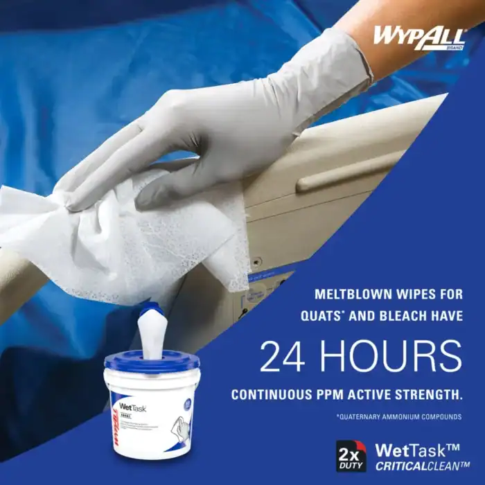 Wypall meltblown wipes for disinfecting quats and bleach, providing 24-hour continuous antimicrobial protection, ideal for healthcare and industrial cleaning.