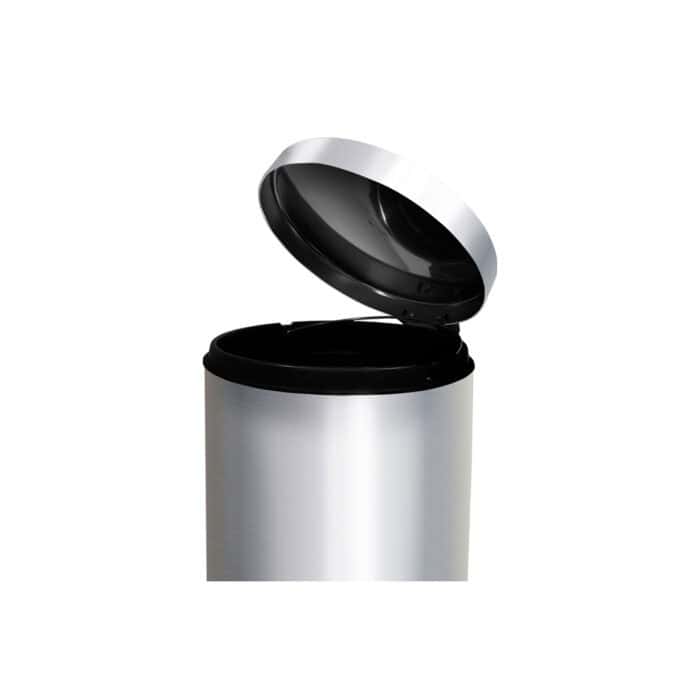 Stainless steel trash bin with open lid, modern design ideal for commercial and industrial hygiene applications in Asia.