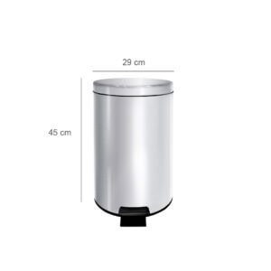 Stainless steel pedal trash bin with dome lid, 29 cm diameter, 45 cm height, ideal for commercial and office hygiene, durable and easy to clean.