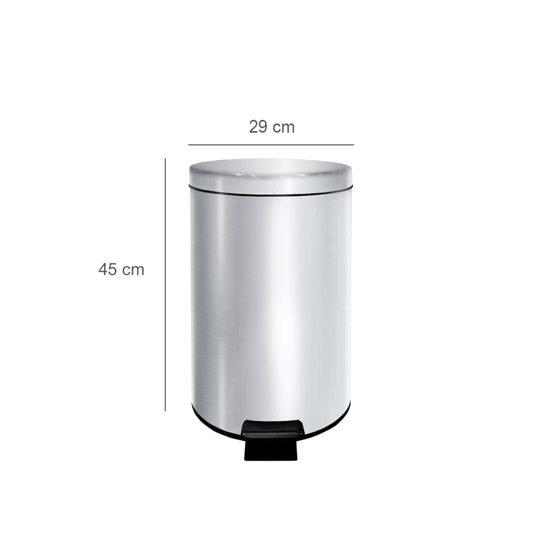 20L-Stainless-Steel-Cylindrical-Step-Bin-Dimensions-Front.jpg Stainless steel pedal trash bin with dome lid, 29 cm diameter, 45 cm height, ideal for commercial and office hygiene, durable and easy to clean.