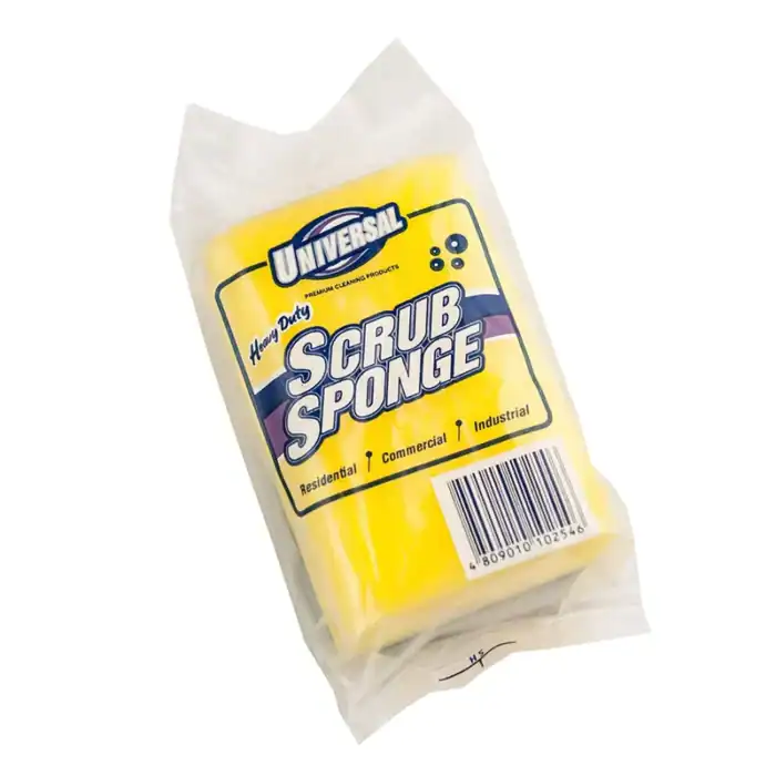 Universal heavy duty scrub sponge for residential, commercial, and industrial cleaning; durable cleaning tool for tough grime and grease removal.