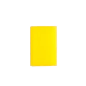 Yellow cleaning sponge on a white background, typical for hygiene and sanitation purposes.
