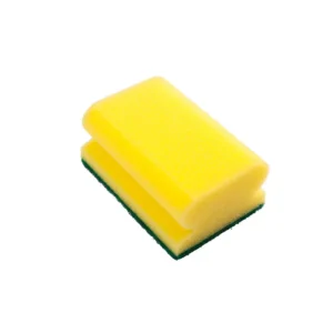 Durable cleaning sponge with yellow foam and green scrubbing edge, ideal for commercial sanitation and janitorial services in Asia.