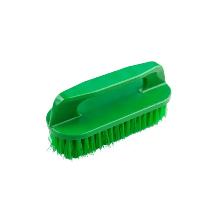 Green cleaning scrub brush with ergonomic handle for sanitation and hygiene cleaning tasks in commercial and industrial settings.